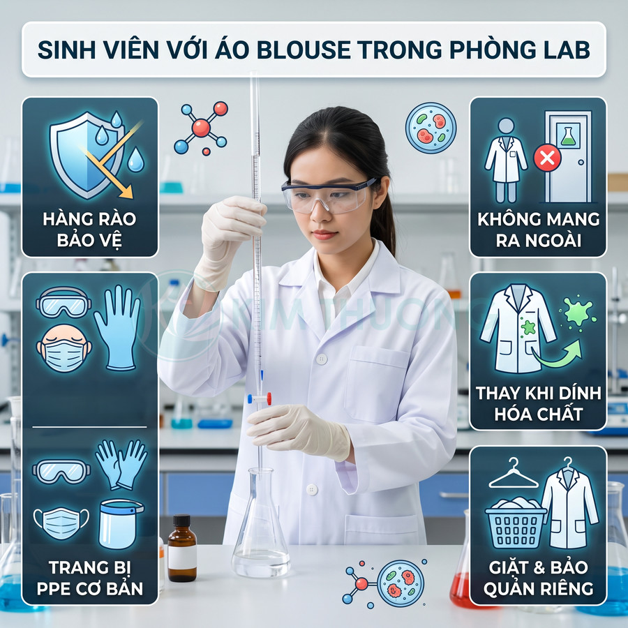 Sinh viên mặc áo blouse trắng, đeo kính và găng tay, thao tác với ống đong và bình tam giác trong phòng thí nghiệm